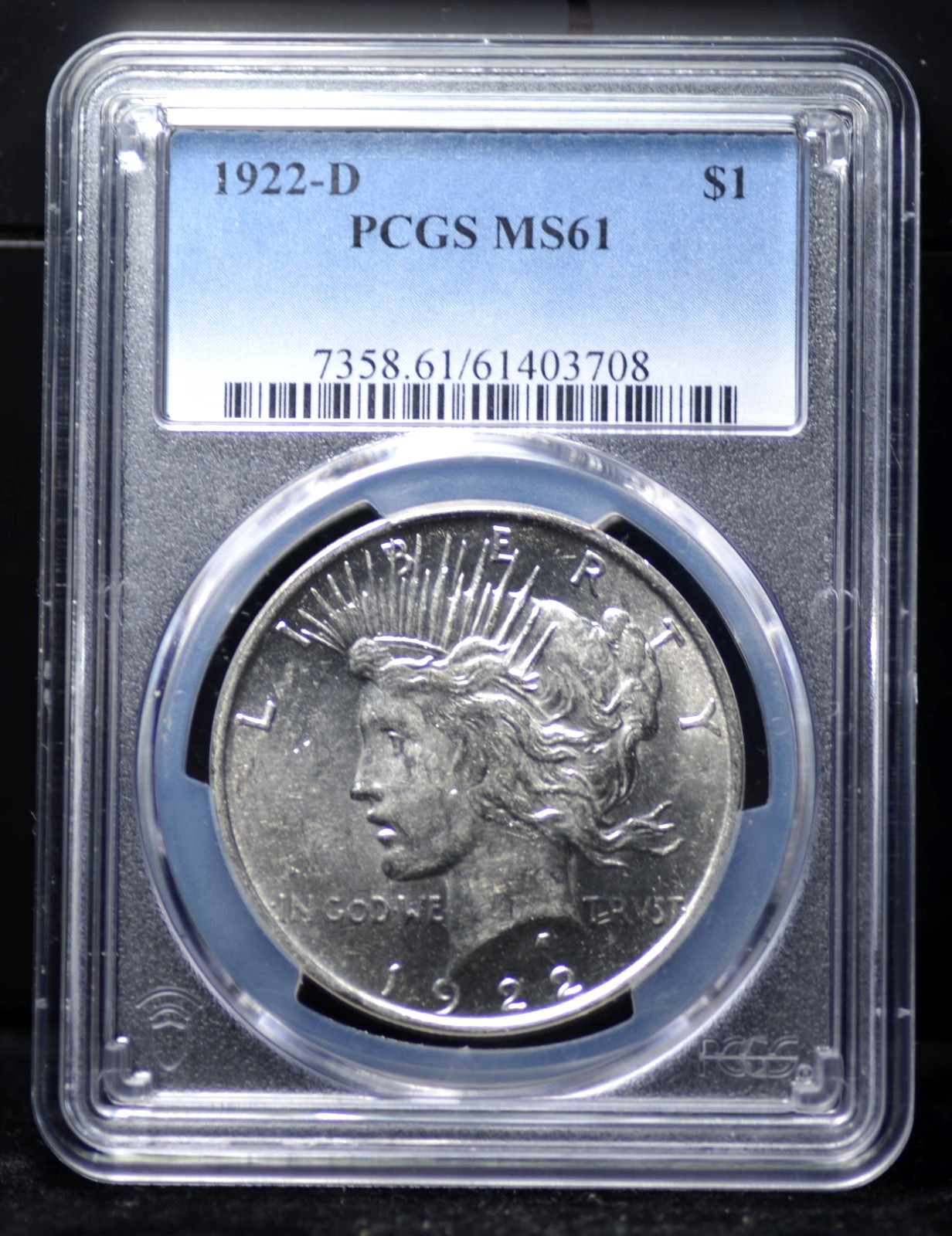1922 D PEACE DOLLAR PCGS MS 61 FULL STRIKE, NICE LUSTER, LOTSA LIGHT CONTACT