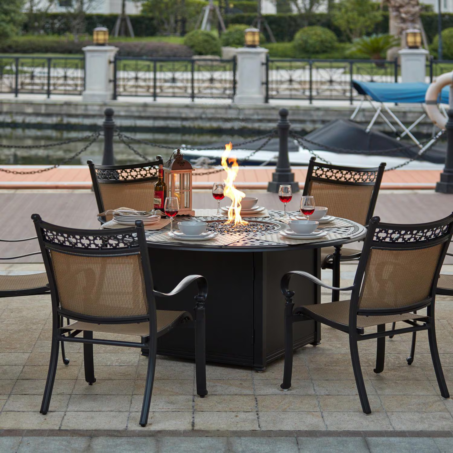 Mountain View 7 Pc Cast Aluminum Fire Pit Dining Set 60 Inch Round Signature