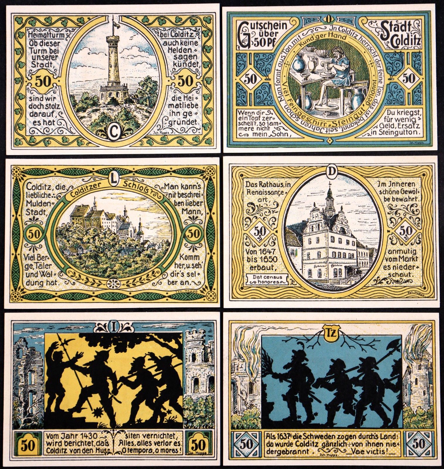COLDITZ 1921 "City Destroyed by Hussites, Swedes" Complete Series German Notgeld