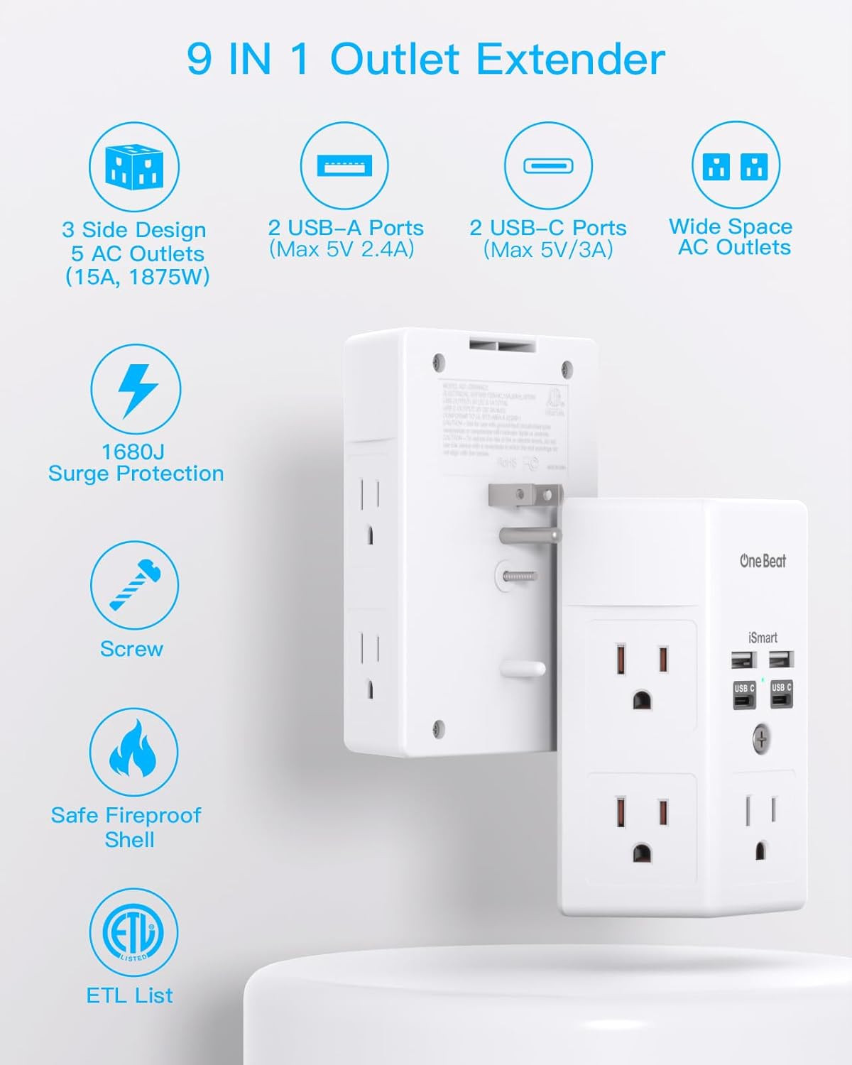 1680J 3 Side Power Strip Multi Plug Expander, Surge Protector, 5 Outlets Extende