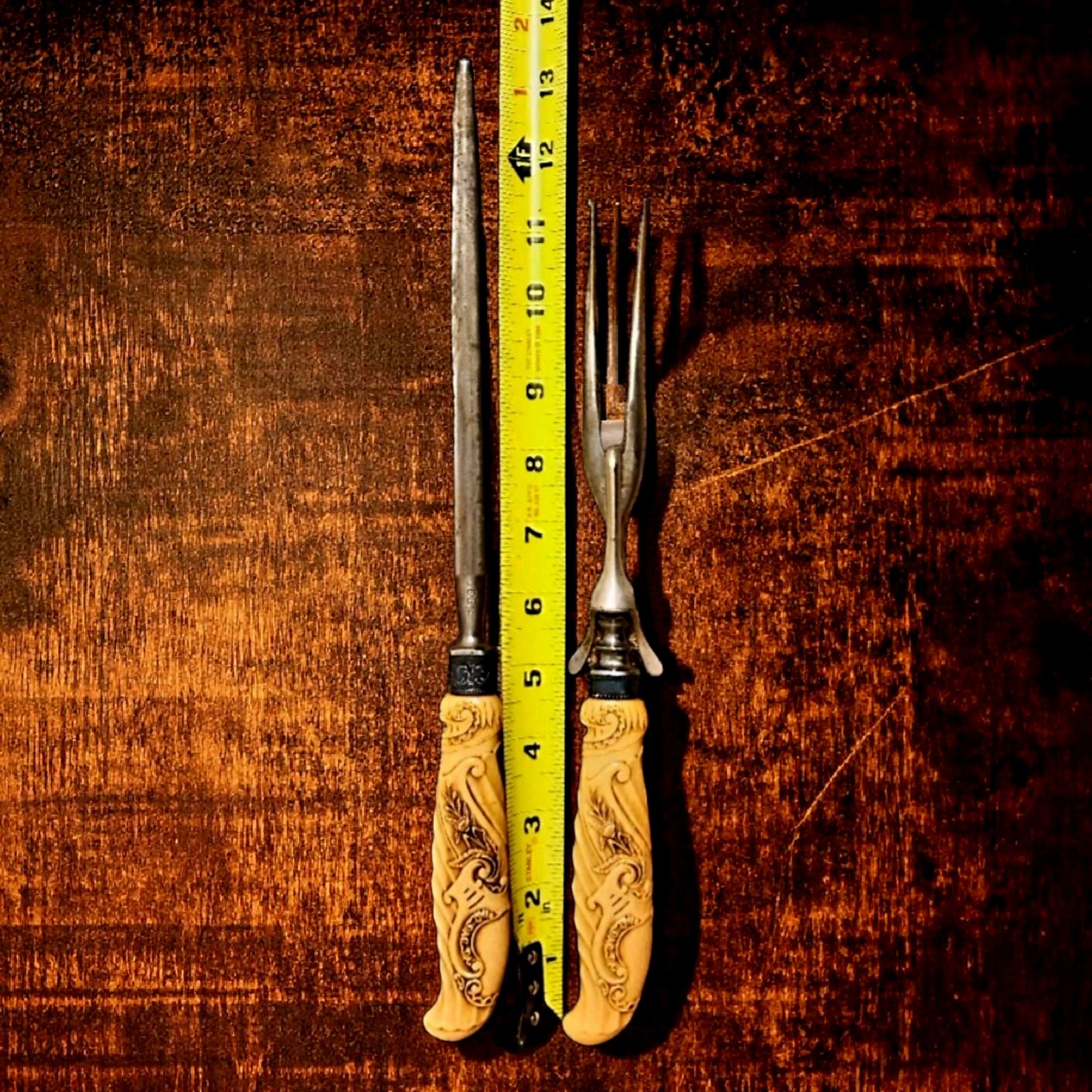 LEE Carving Fork & Sharpener Sterling Silver Ferrule Carved Celluloid Handles