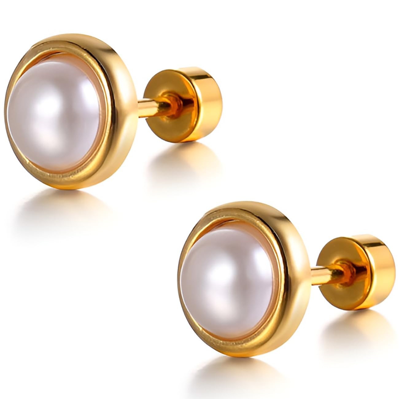 8 MM Pearl Stud Earring 1 Pair Gold Flatback Earrings 8 mm x 14 mm,