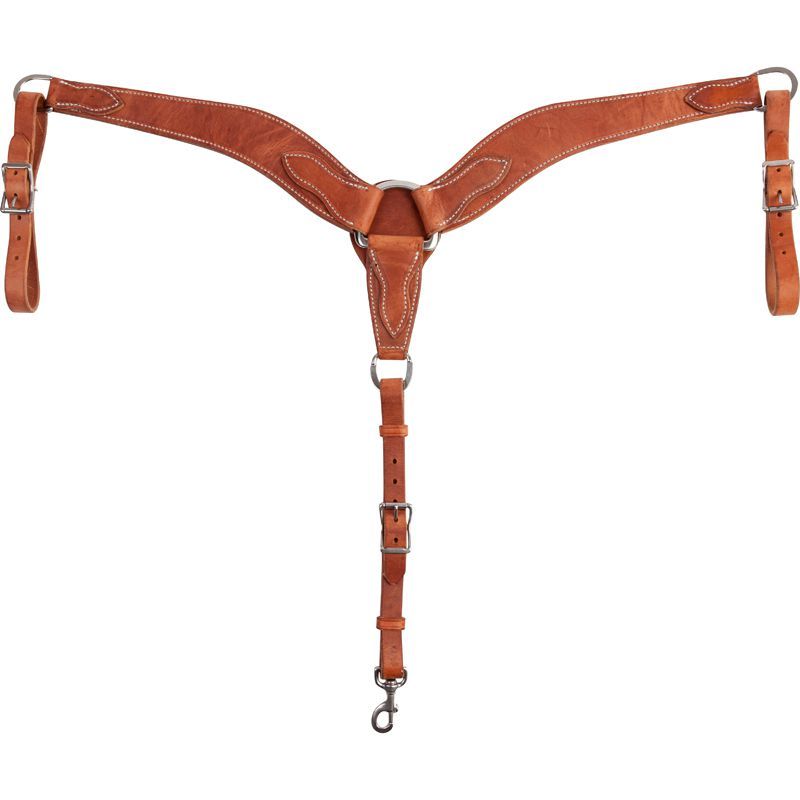 Western Natural Leather Carved Shaped Breast Collar with Steel Hardware