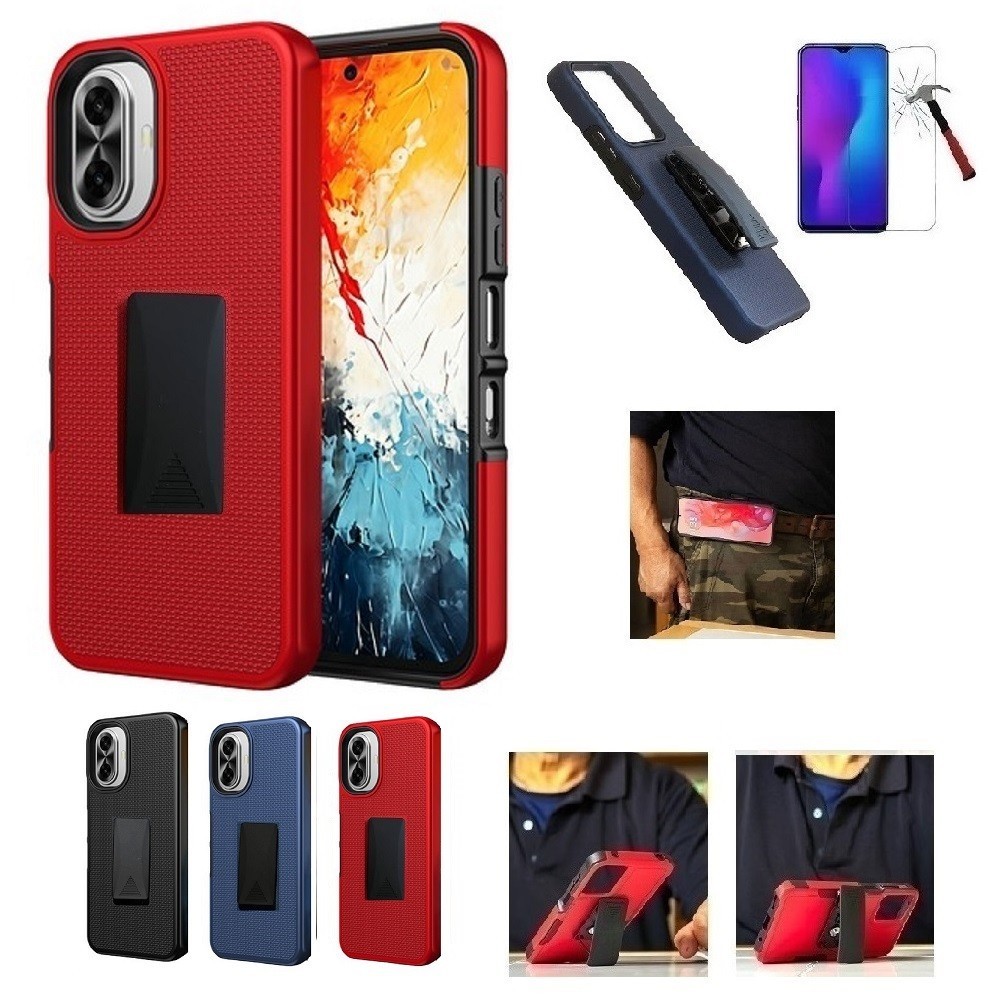 For TCL K70, Dual Layer 360° Rotating Belt Clip Case + Tempered Glass