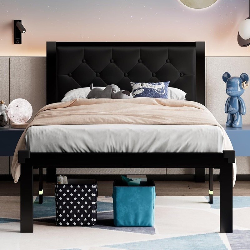 Heavy Duty Metal Bed Frame Twin Mattress Support W/ Faux Leather Headboard New