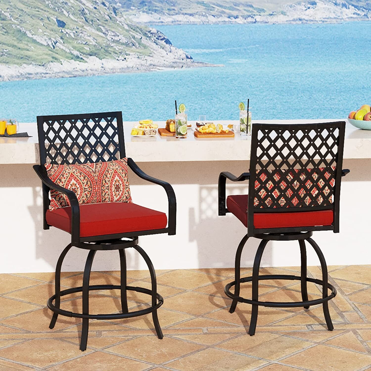Outdoor Patio Swivel Chairs Set of 2 Bar Height Stools Bistro Set with Cushion