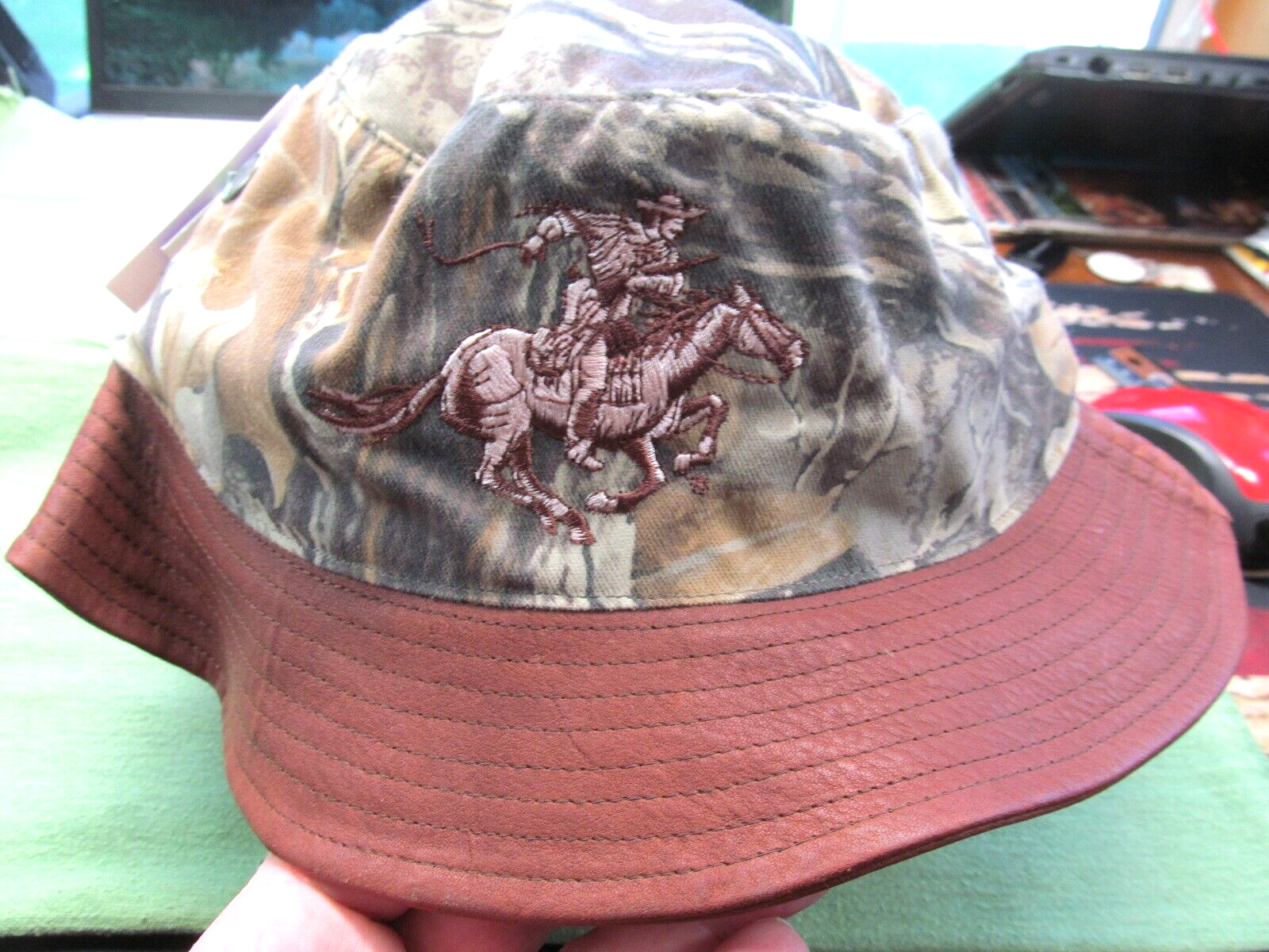 Winchester Boonie Style Camo/Leather Brim Hunting Cap/Hat - Appx 7-3/8" Size