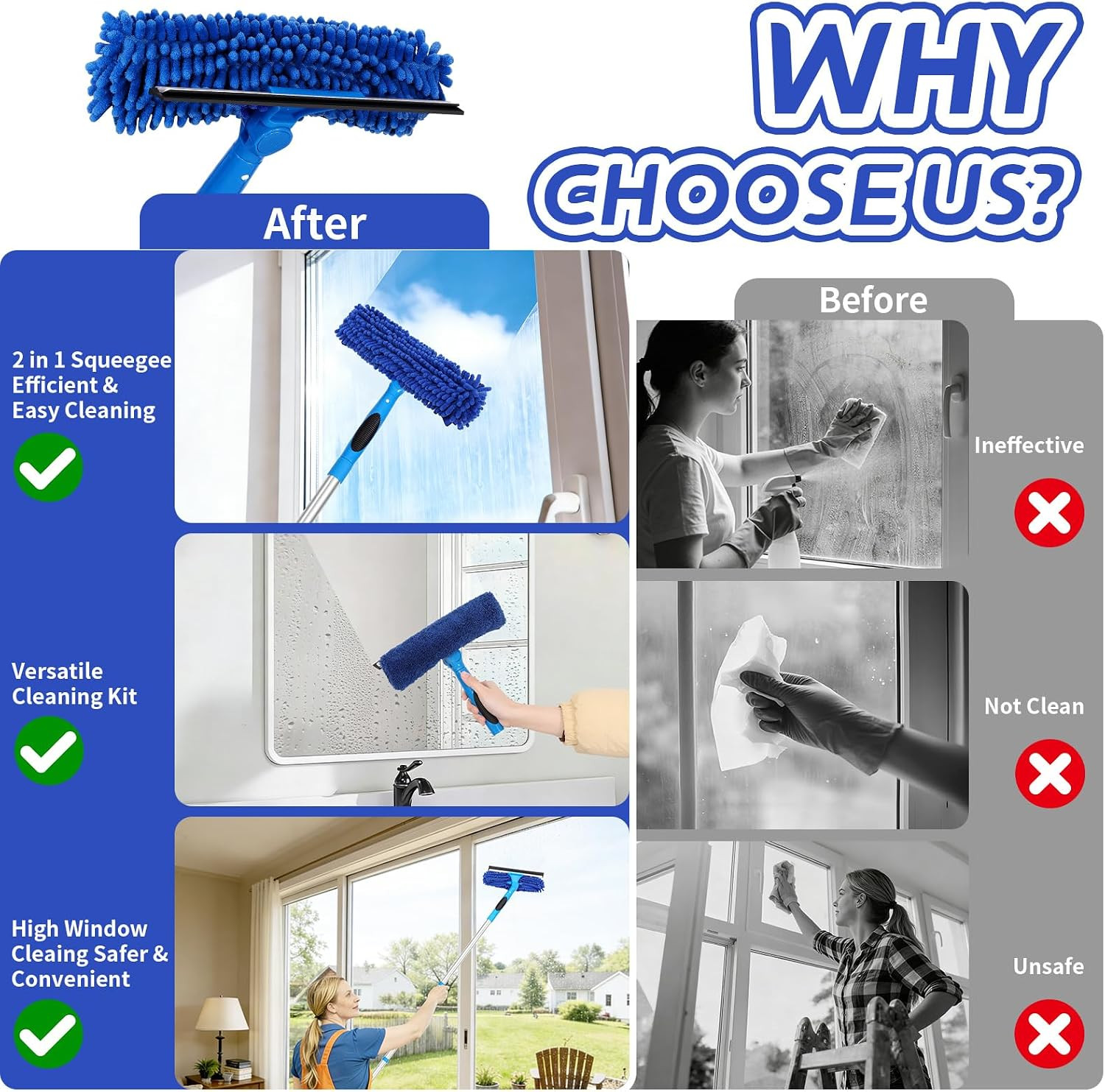 67" Squeegee Window Cleaner, 2 in 1 Professional Window Cleaning Tool Kit