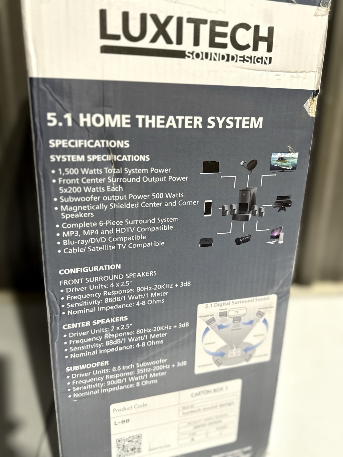 Luxitech L-88 5.1 Home Theater System 1500W HDTV Surround w/Subwoofer