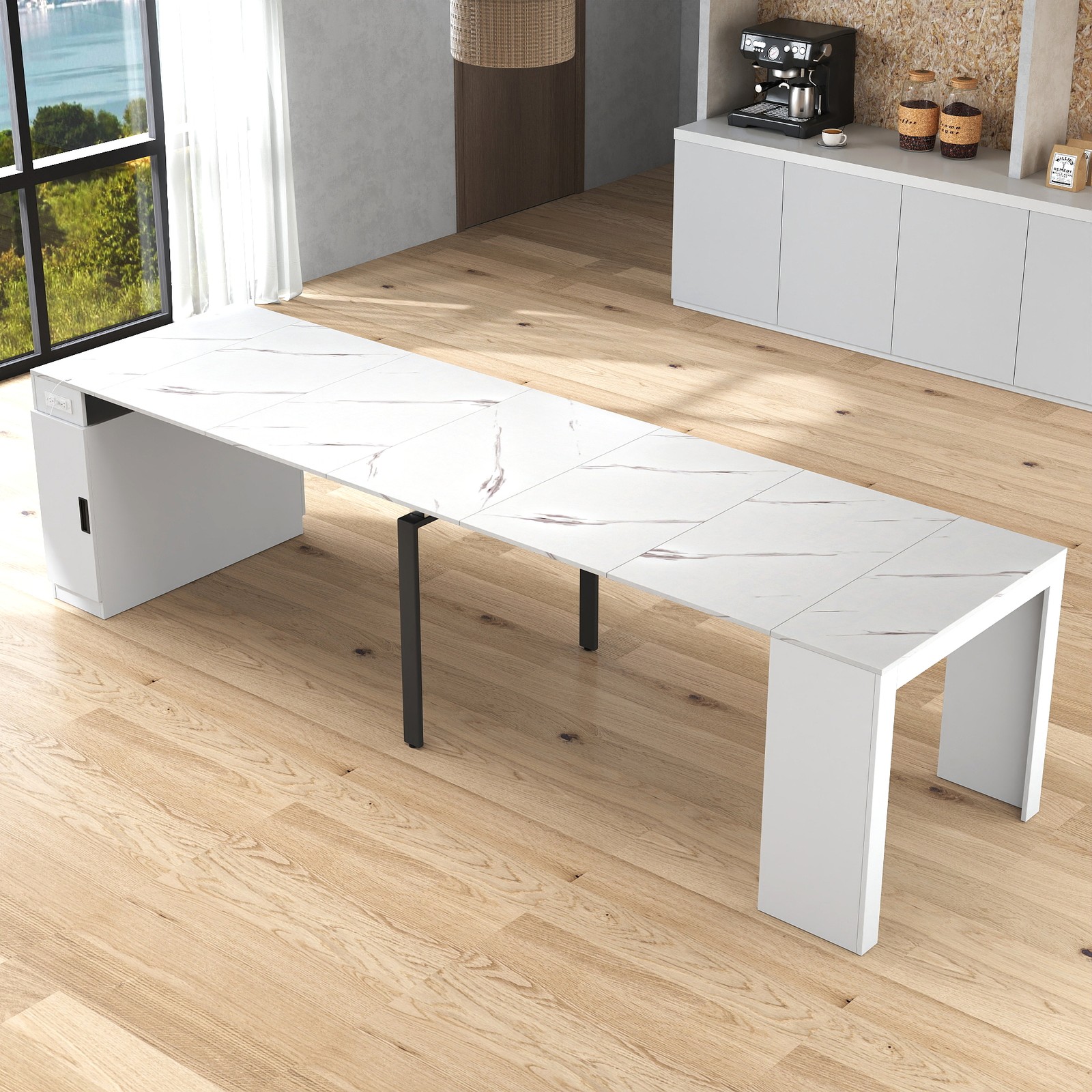 Modern Multifunctional Extendable Dining Table with Outlet, Space Saving Table