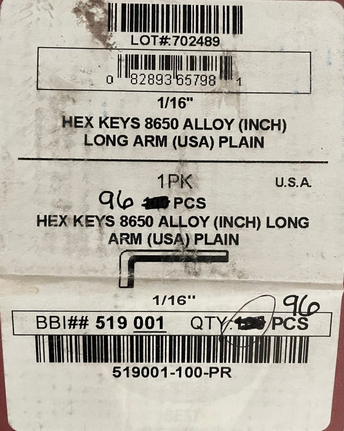 519001 BRIGHTON BEST 1/16" HEX KEY BOX WITH 96 PCS.