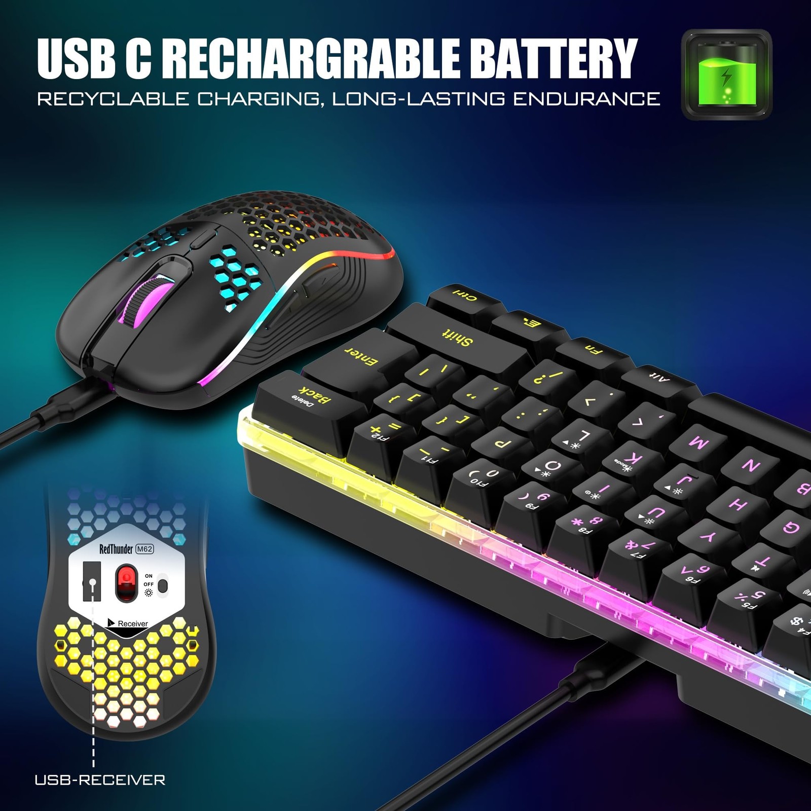RedThunder 60% Wireless Gaming Keyboard & Mouse Combo with Rechargeable Batte...