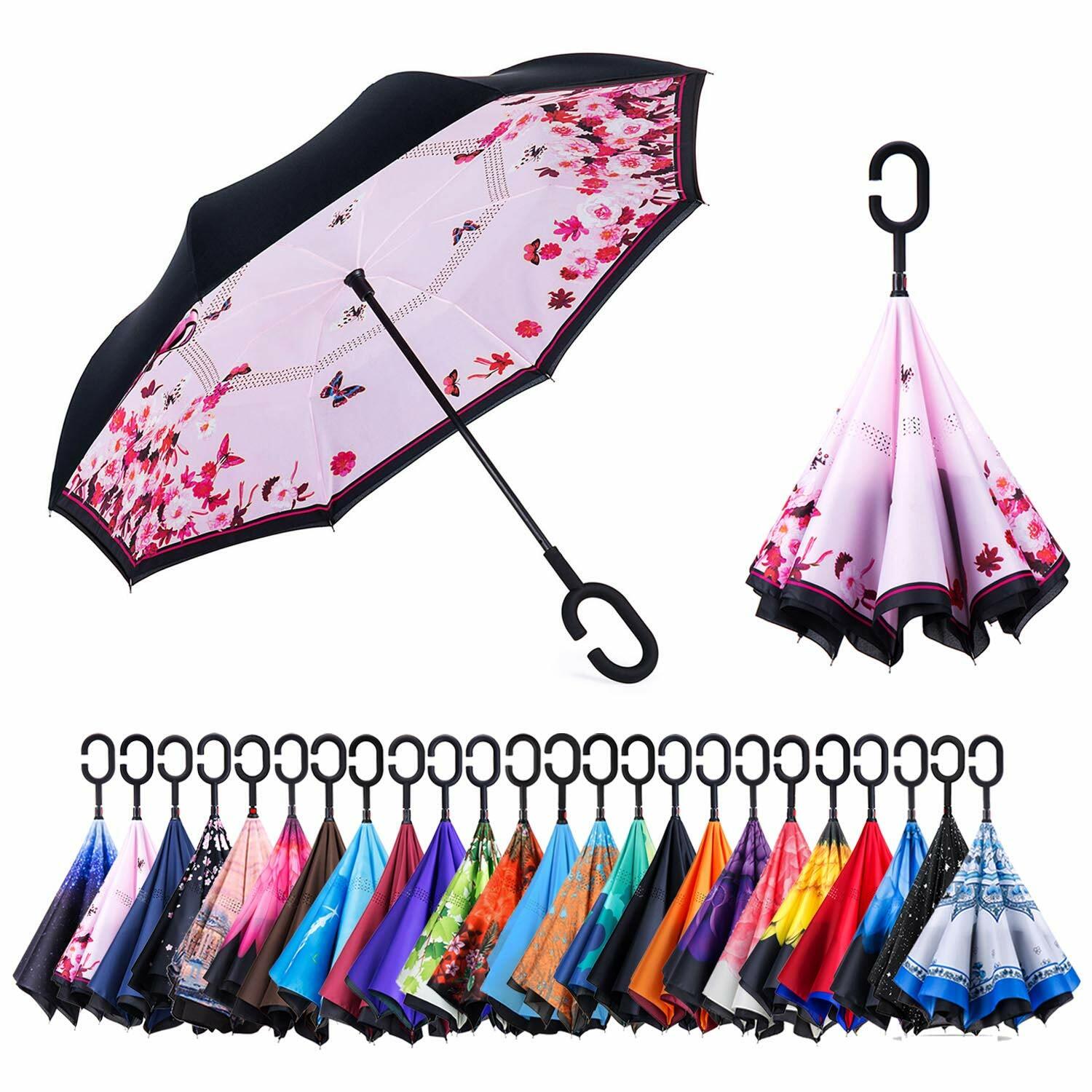 C-Handle Inverted Reverse Umbrella, Flower/City/Unicorn, Inside-out, Upside-down