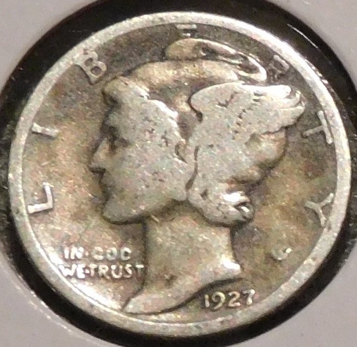 Silver Dime - Mercury - 1927 (Tarnished.  Possibly due to old cleaning.)