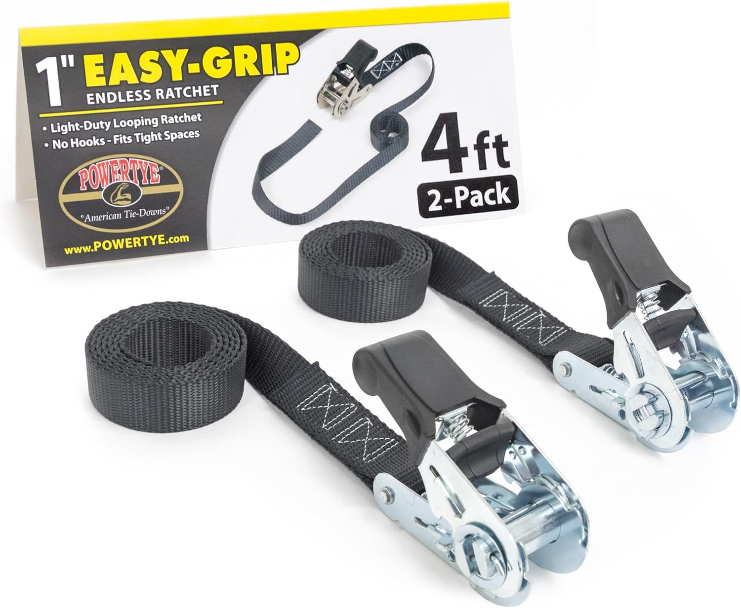 Powertye - Endless Ratchet Strap - 1In X 4Ft Easy Grip (Hookless), Tie down Stra