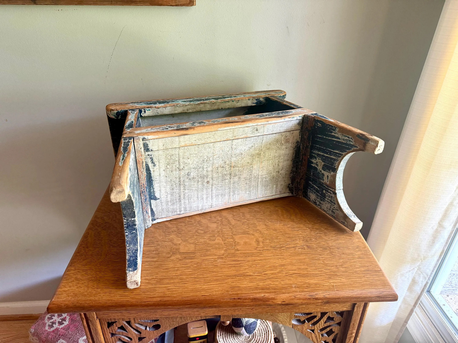 Antique Wooden Stool with Distressed Paint | Distressed Blue Primitive Stool