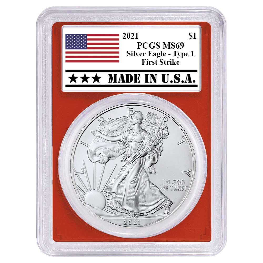 2021 $1 1-oz T-1 American Silver Eagle PCGS MS69 FS Made in USA Label Red Frame
