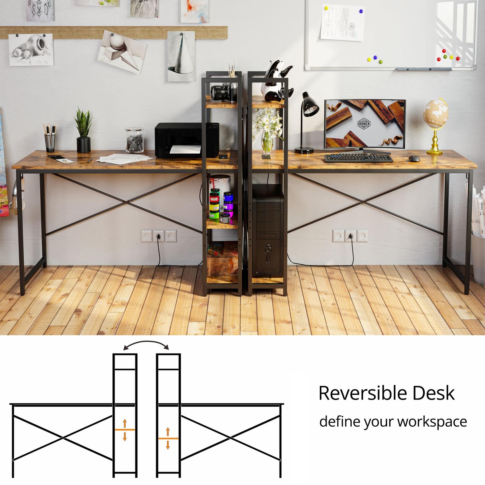 Computer Desk 55" with Power Outlet and Storage Shelves,Rustic Brown