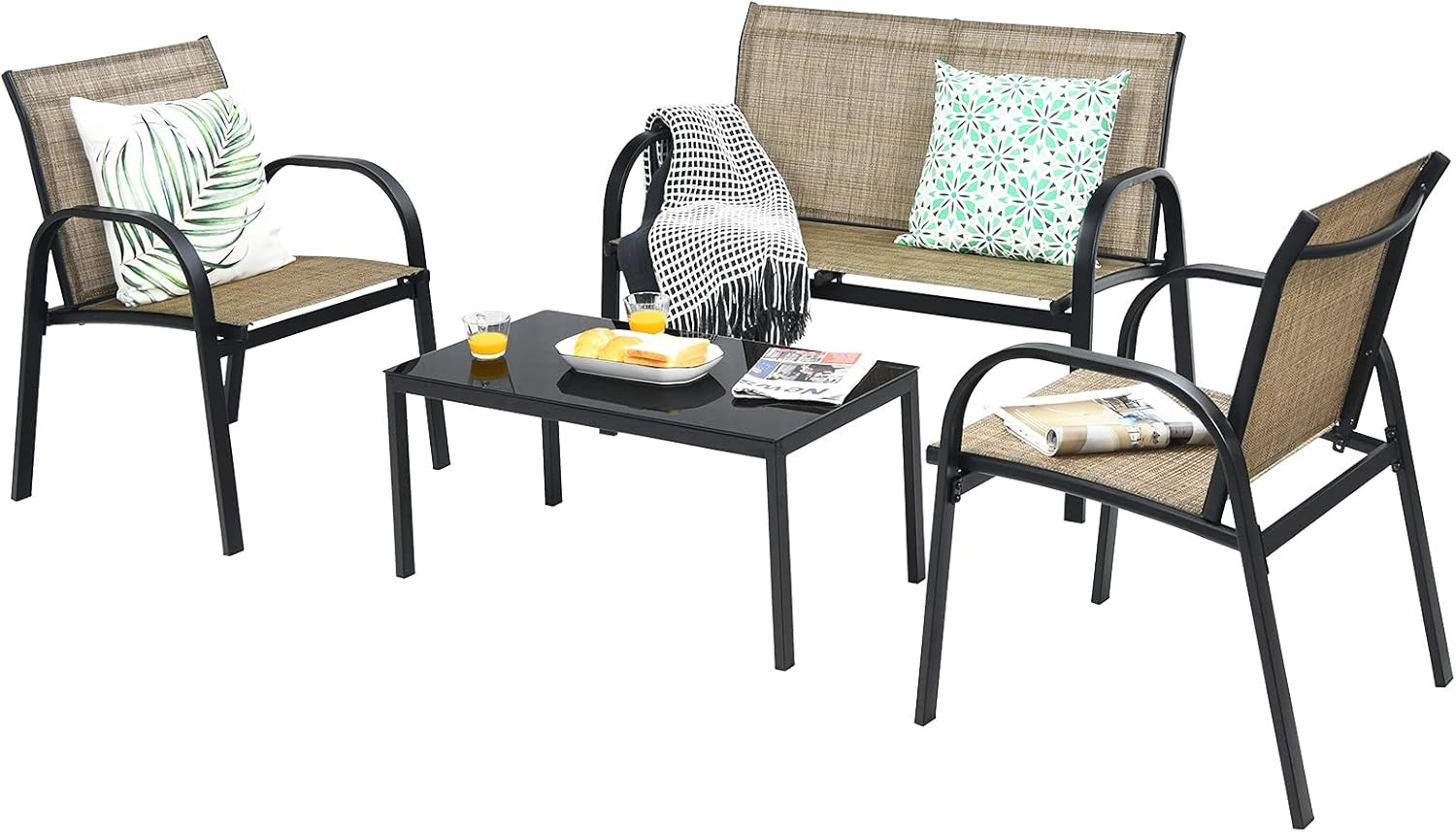 4 Pieces Patio Furniture Set, Metal Frame Heavy Duty Outdoor Conversation Set, I