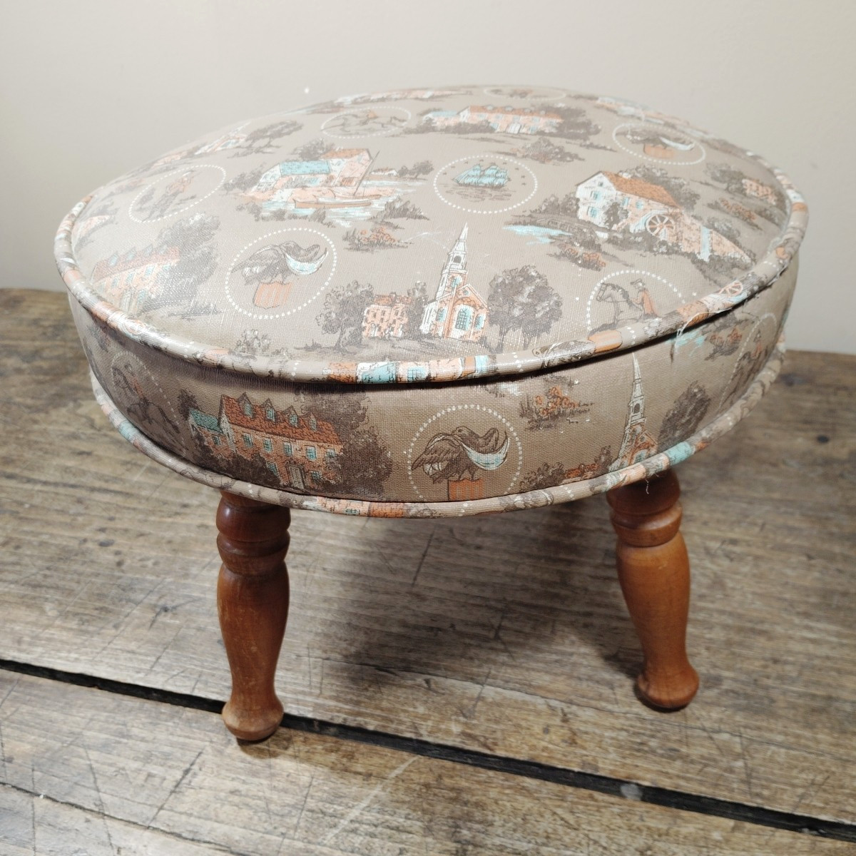 Vintage Wood Ottoman Footstool Americana Country Folk Art Church Ship Primitive