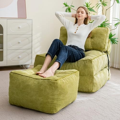 Square Stuffed Pouf Ottoman, Corduroy Poufs with Foam Chunk 25.5 Inch Green