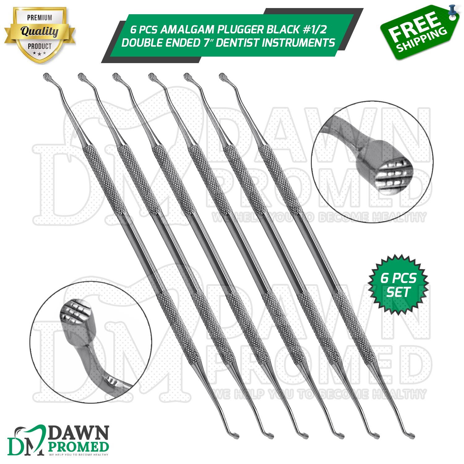 6 Pcs Amalgam Plugger Black #1/2 Double Ended 7" Dental Instrument Set German Gr