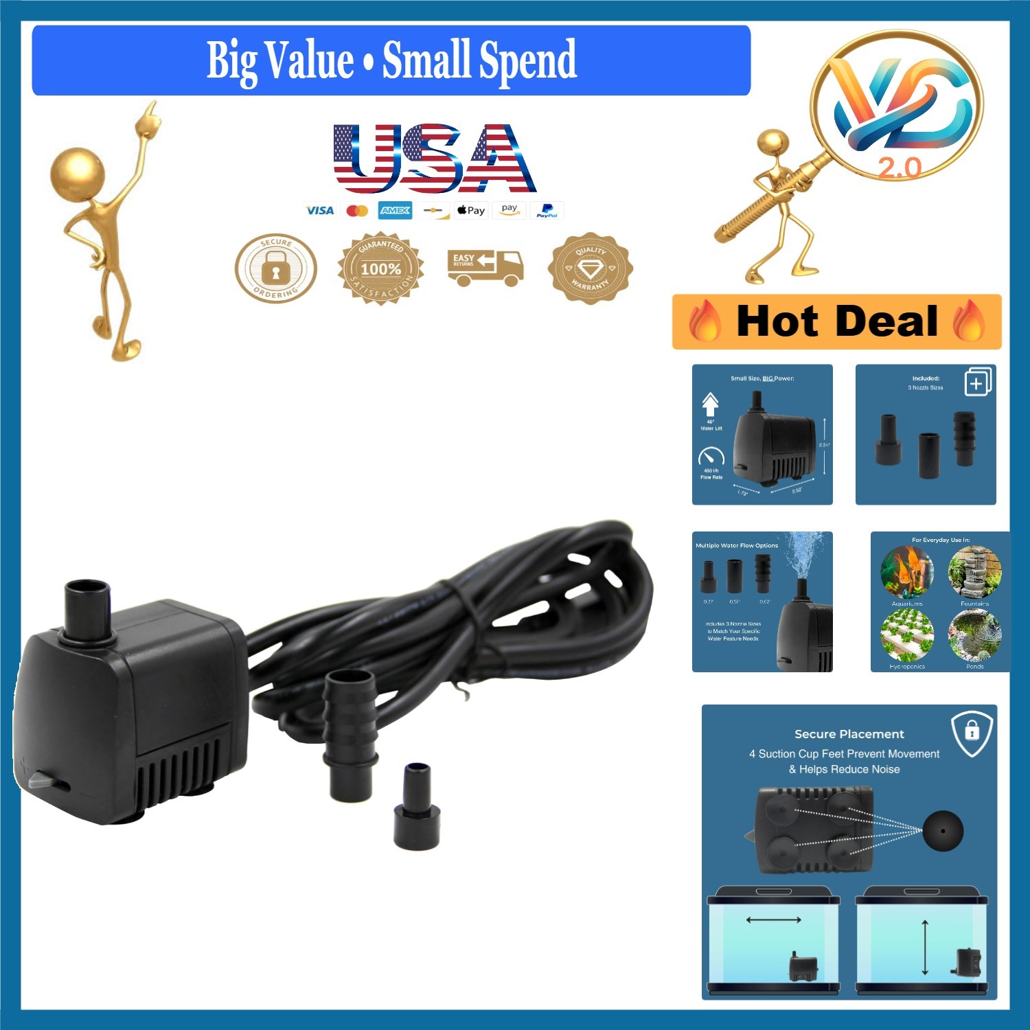 Black Fountain Pump 119 GPH for Garden Ponds and Birdbaths 2.52"L