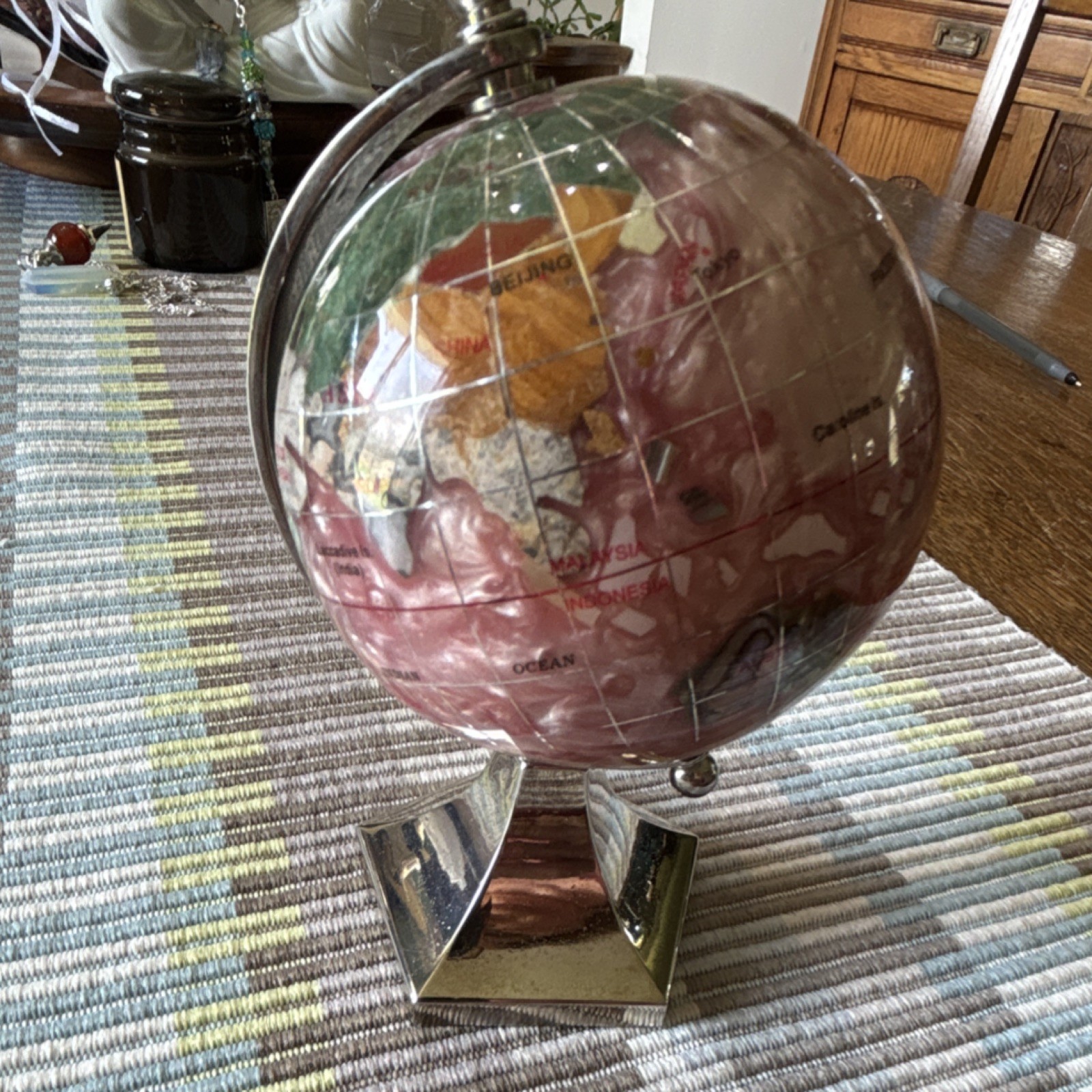 Gemstone Decorative Tabletop Globe Multicolor Metallic Base 5in Small Rotating
