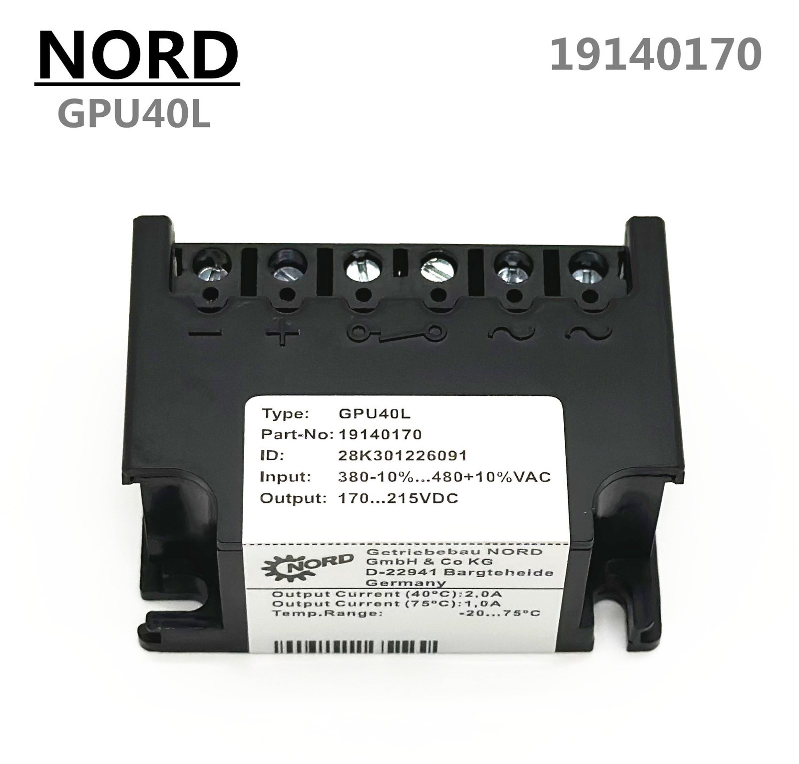 NORD GPU40L Motor brake rectifier 19140170 380-10%...480+10%VAC 170...215VDC