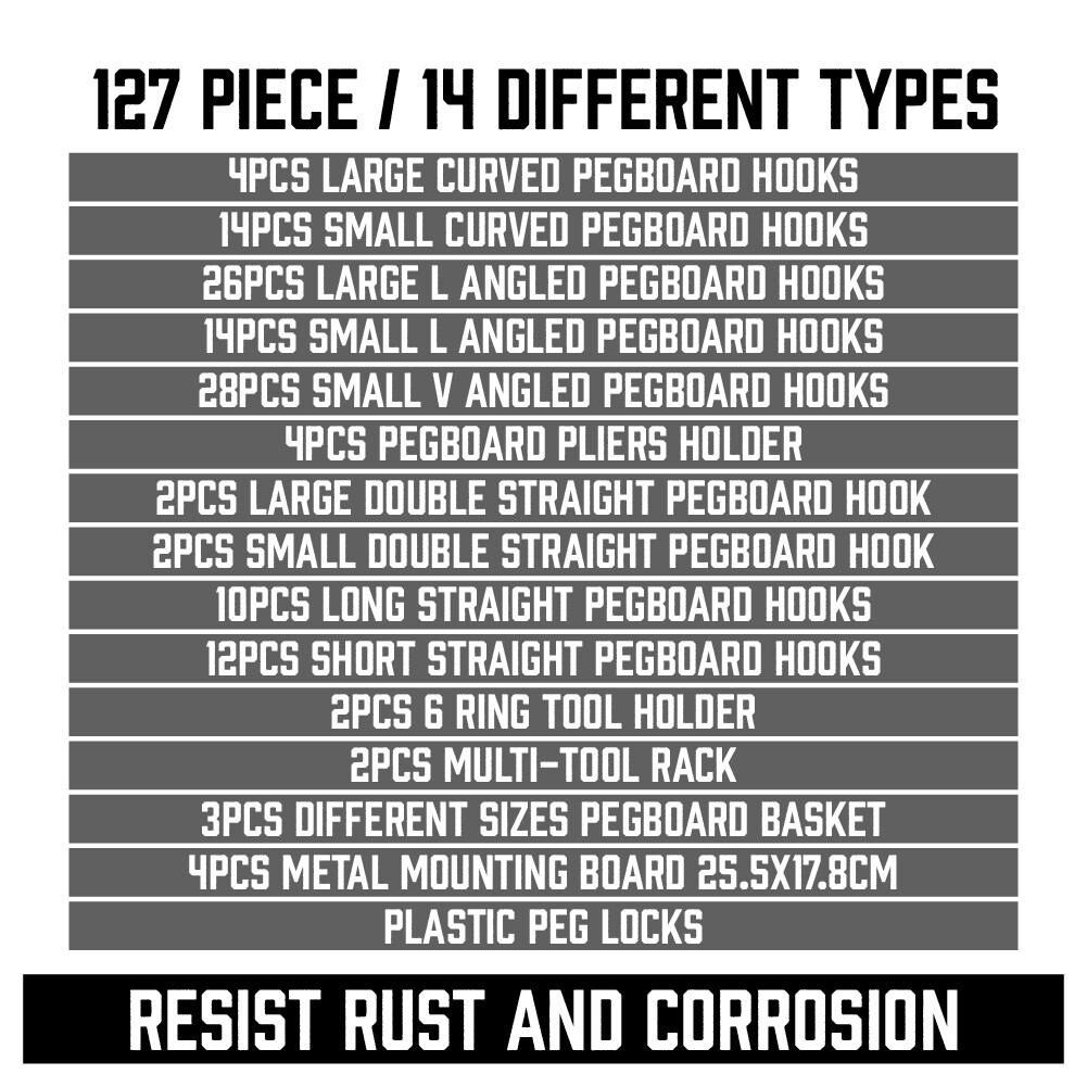 127 Pcs Pegboard Hooks Assortment (3 Baskets 4 pegboard) Organizing Tools