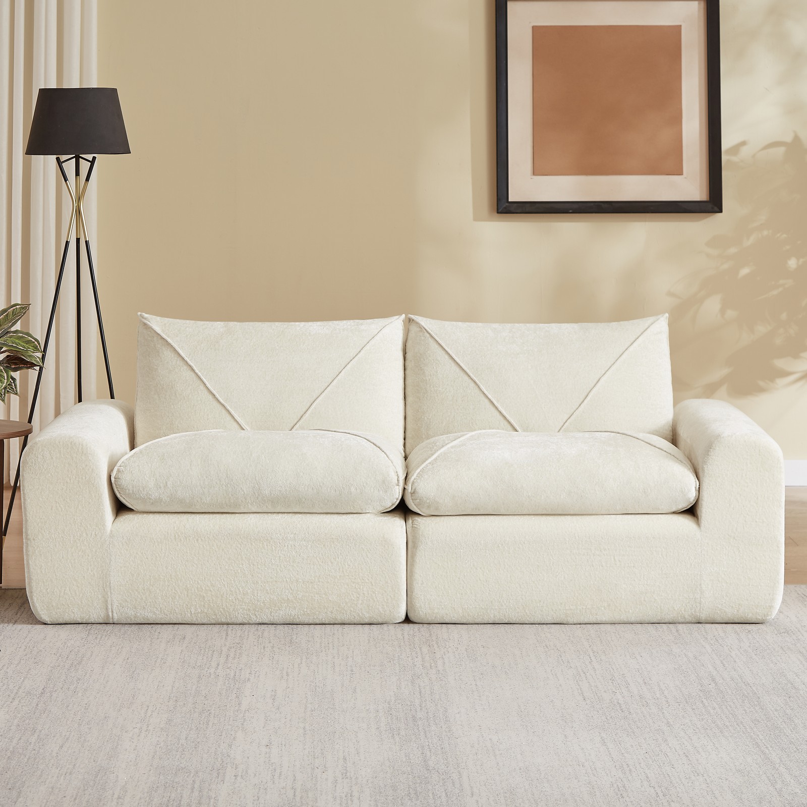 Chenille Combination Sofa with Foot Pedals, Beige, 2-Seat, Modern