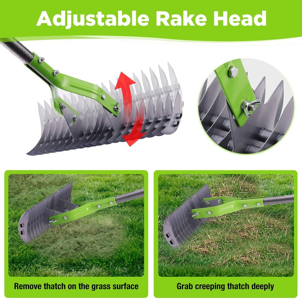 WORKPRO 15" Thatching Rake Heavy Duty Dethatcher Rake 5FT Handle Adjustable Head