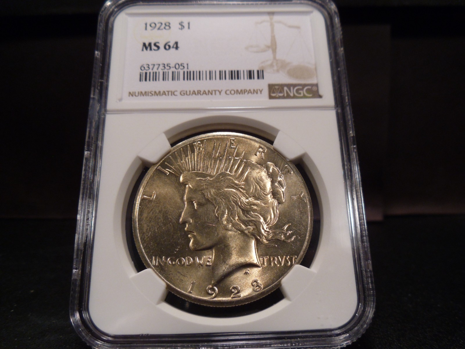 1928 MS64 Peace Dollar NGC Certified - White/light Gold Tone/Fantastic