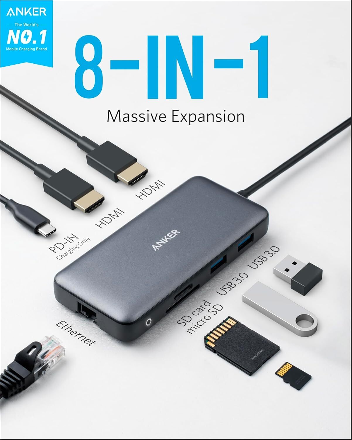 Anker Laptop Docking Station 8-in-1 USB-C Media Hub 4K Dual HDMI Monitor 100W PD