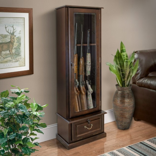8 Gun Rifle ESPRESSO Storage Cabinet Shotgun Locked Organizer Wood Display Home