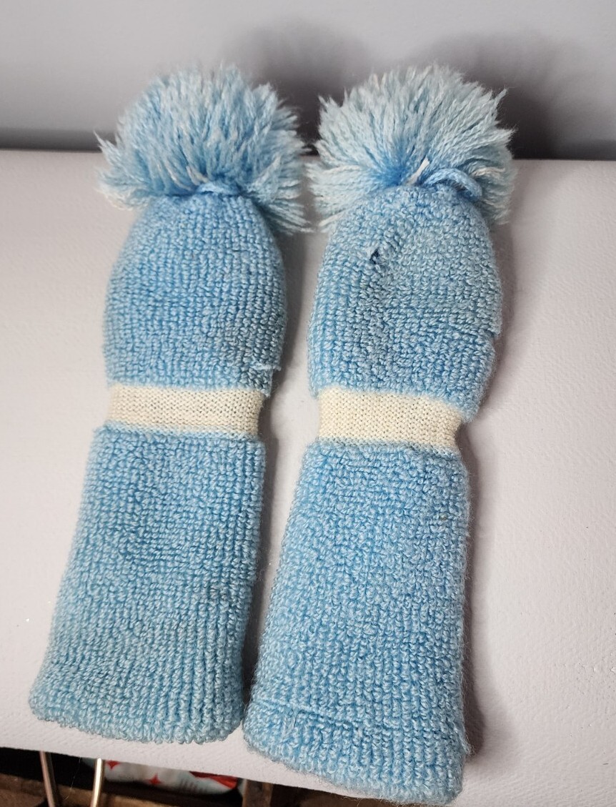 Vintage Handmade knitted baby blue white Club Head covers pom 1 and X knit