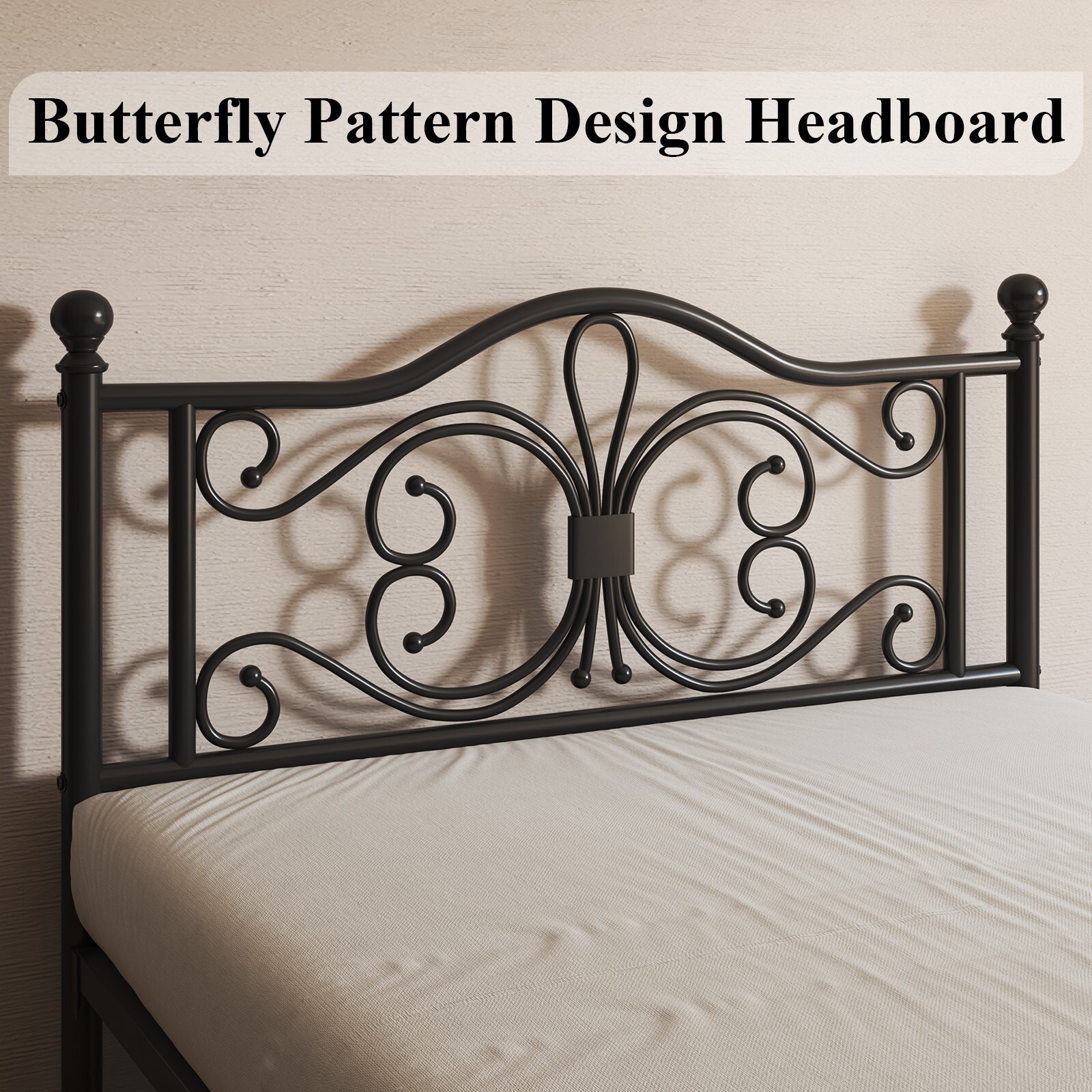 Queen Size Bed Frame with Butterfly Pattern Design Strong Metal Slats Support