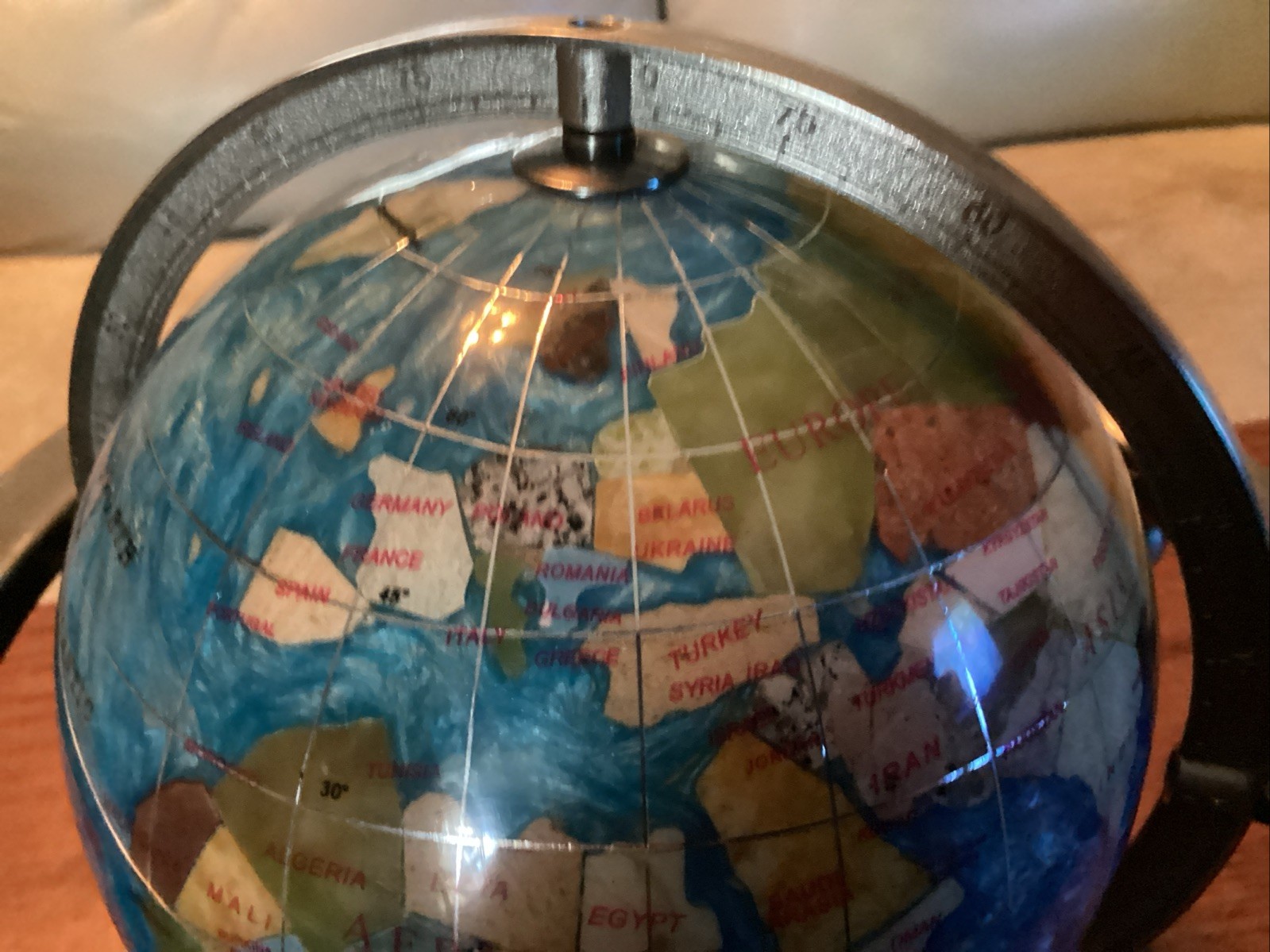 Mini Semiprecious Gemstone 6” Globe With Stand & Compass.