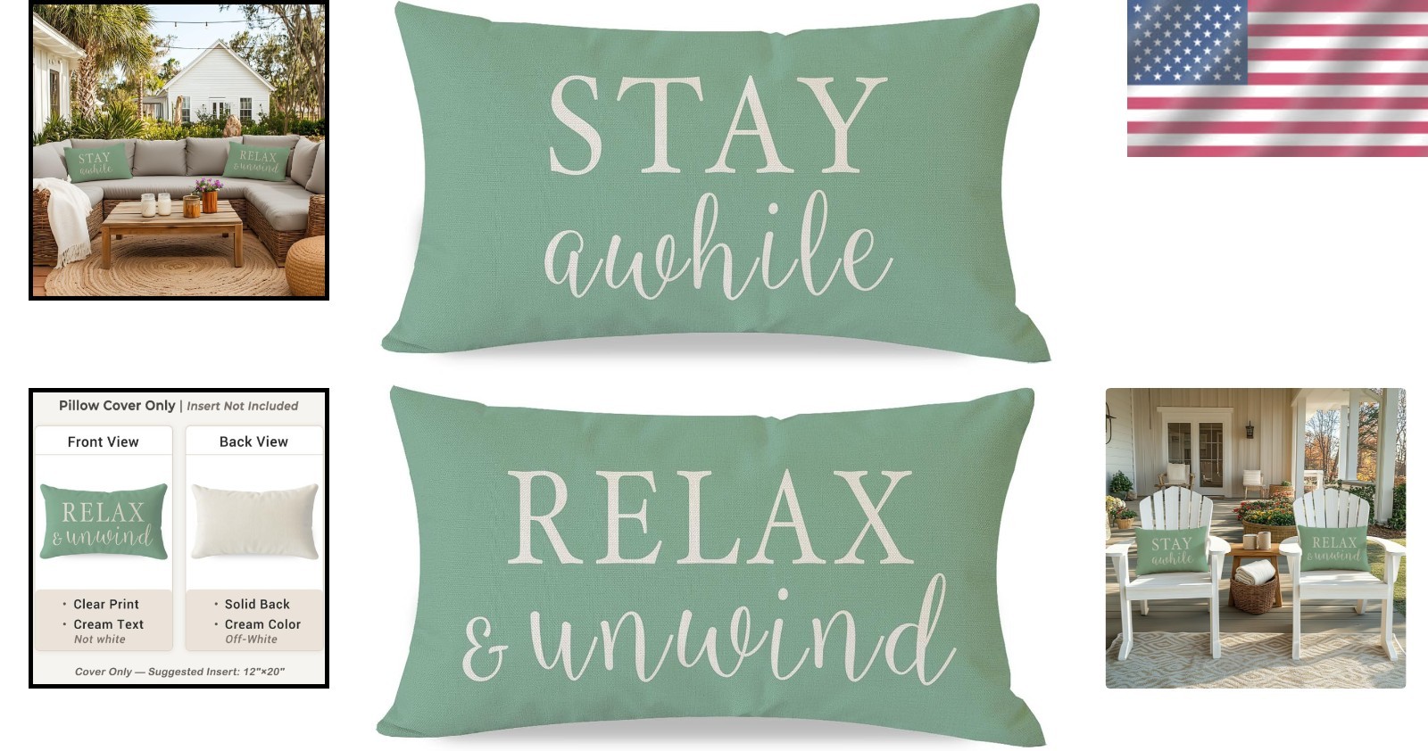 Set of 2 Farmhouse Decorative Pillow Covers - 12x20 Green for Indoor & Outdoor