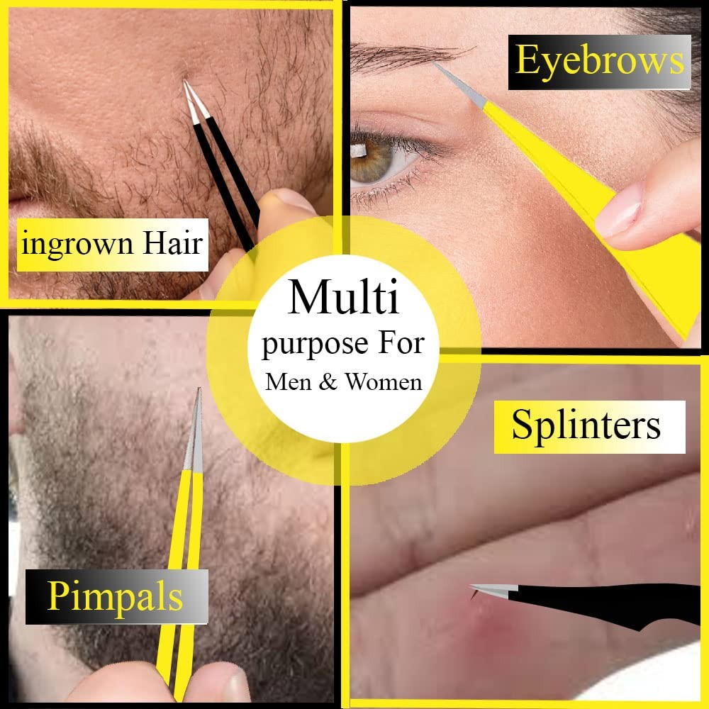 Super Sharp Pointed Tweezers Precision Fine Point Tip Ingrown Yellow & Black