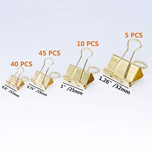 Binder Clip Paper Clamps, Assorted Sizes (Mini, Small, Medium, Large), 100 Gold
