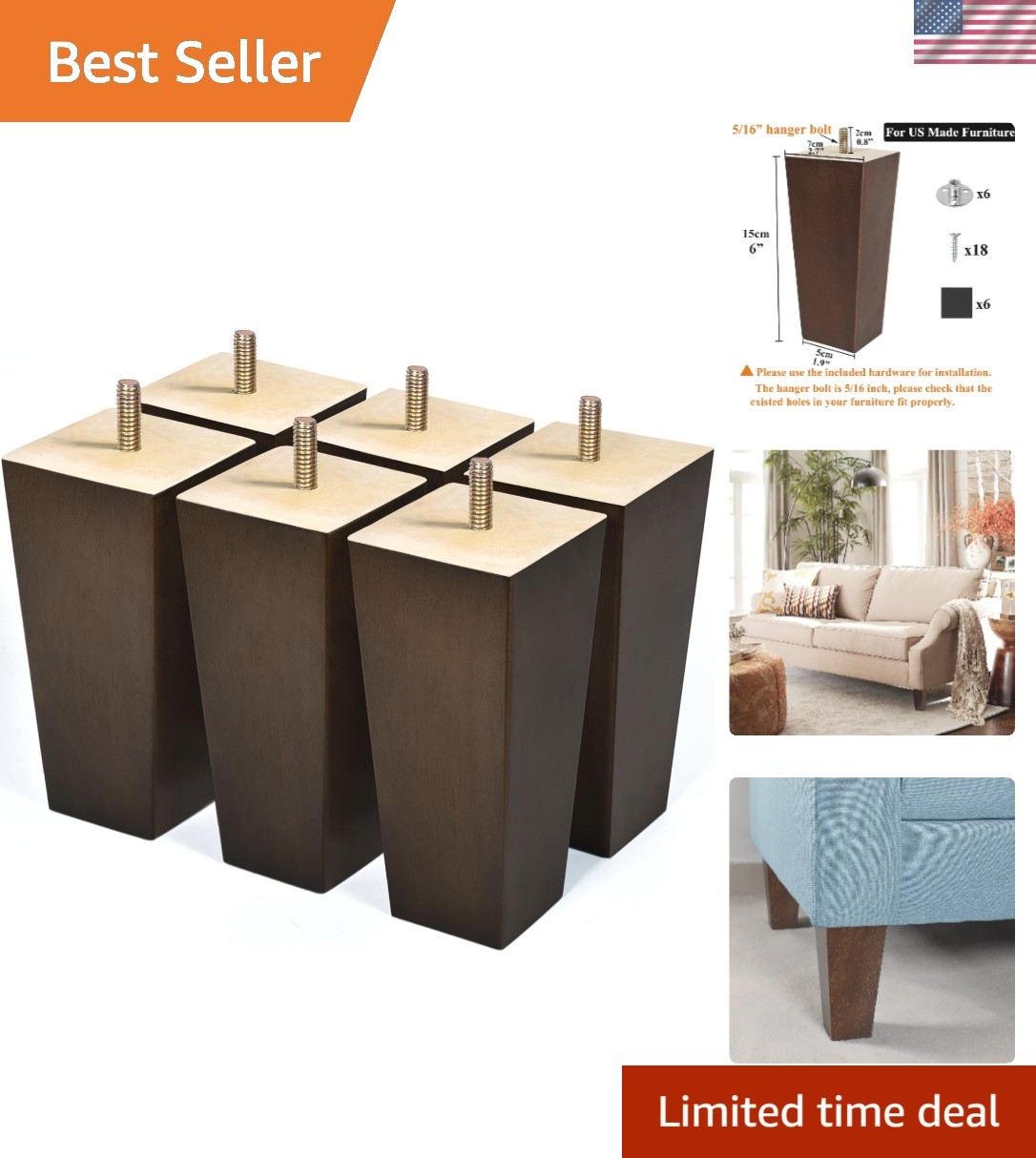 6 inch Furniture Legs Set of 6 Couch Legs Mid-Century Modern Replacement Sofa...