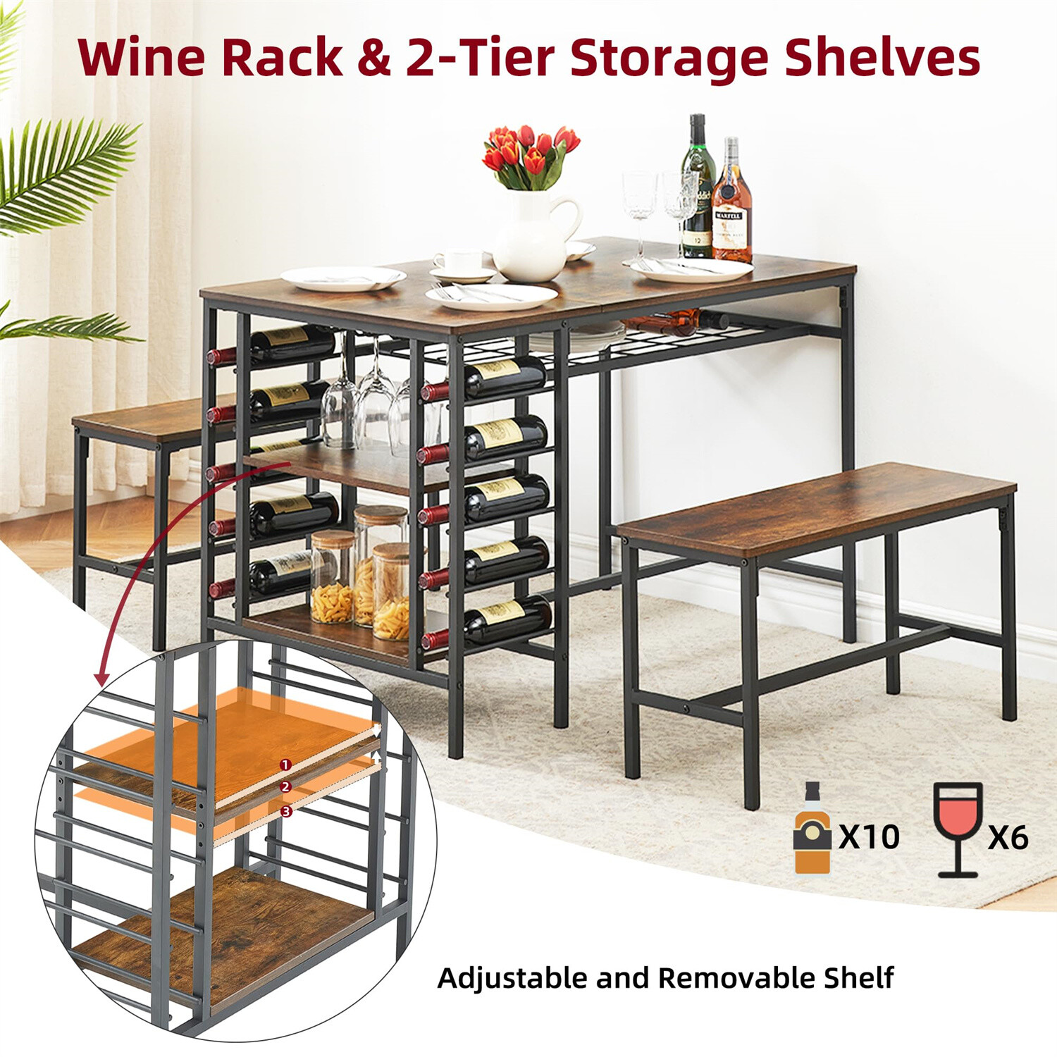 Dining Table Set with Wine Rack for 4 Kitchen Table Set for 4 with 2 Benches