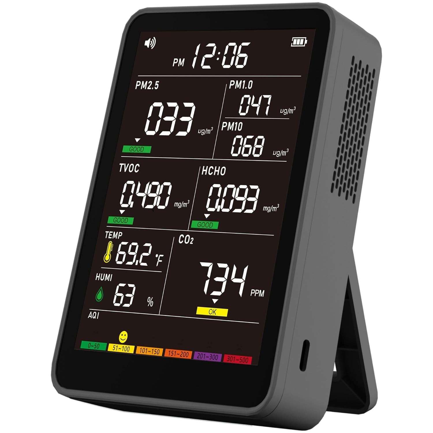 Professional Indoor Air Quality Monitor with AQI Alerts, Portable Real-Time Dete