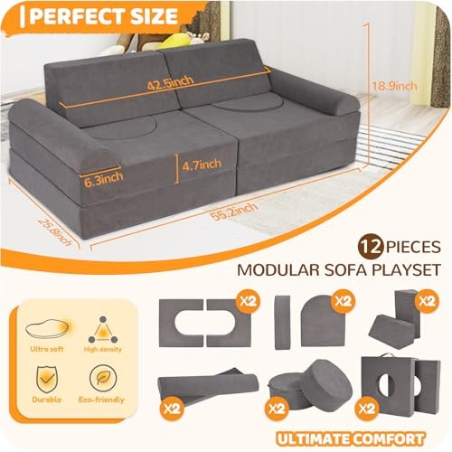 12-Piece Modular Kids Play Couch – Premium Soft Foam, Removable Cover, Grey