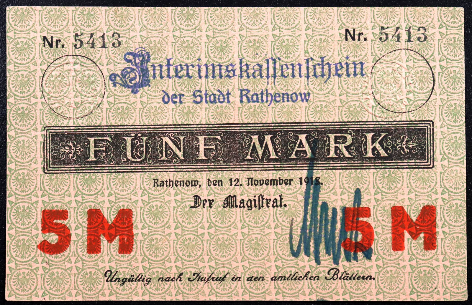RATHENOW 1918 RARE Hand-signature! 5 Mark Grossnotgeld German Notgeld