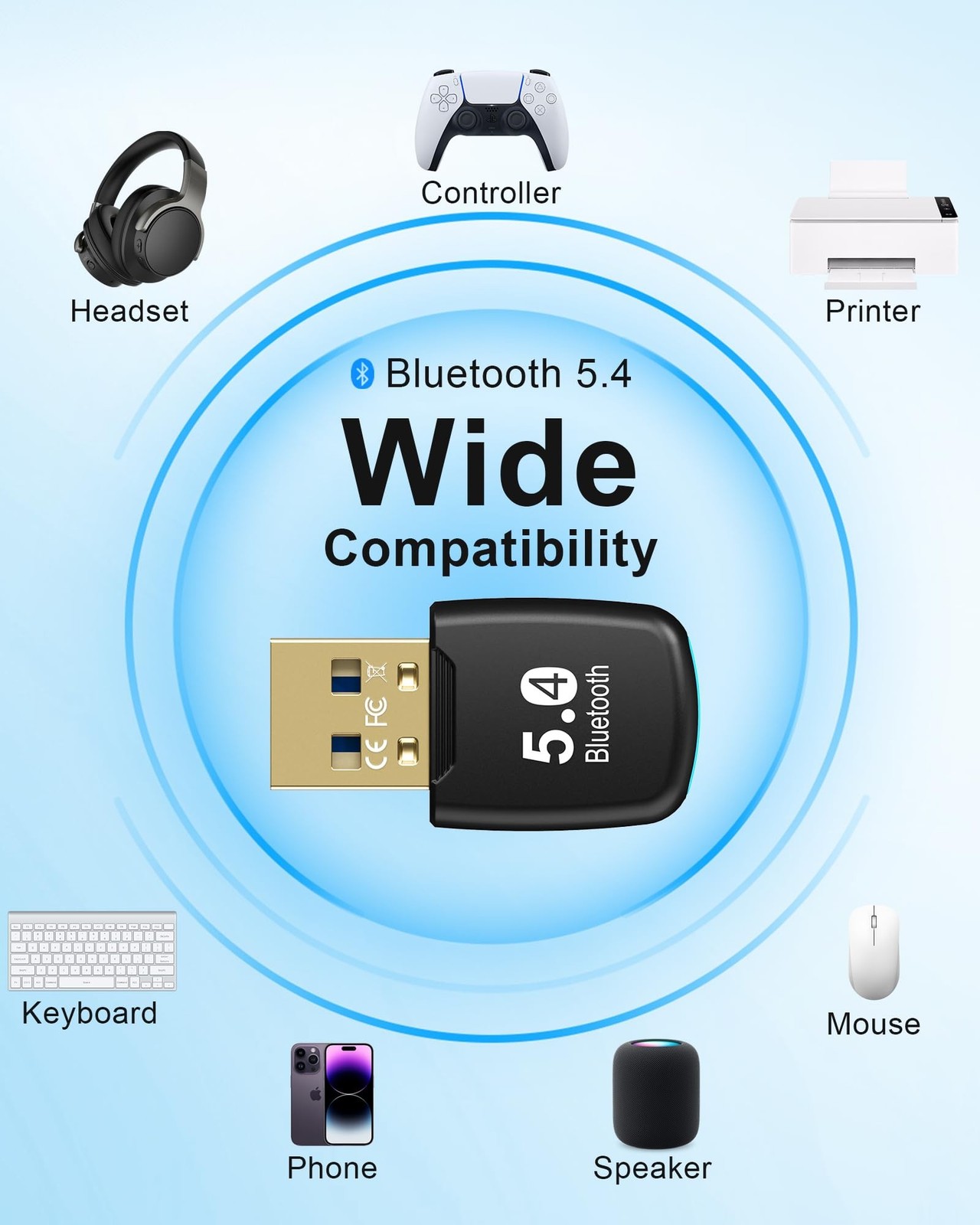 5.4 Bluetooth Dongle - 20M Range USB Adapter for PC, Plug and Play, Supports ...