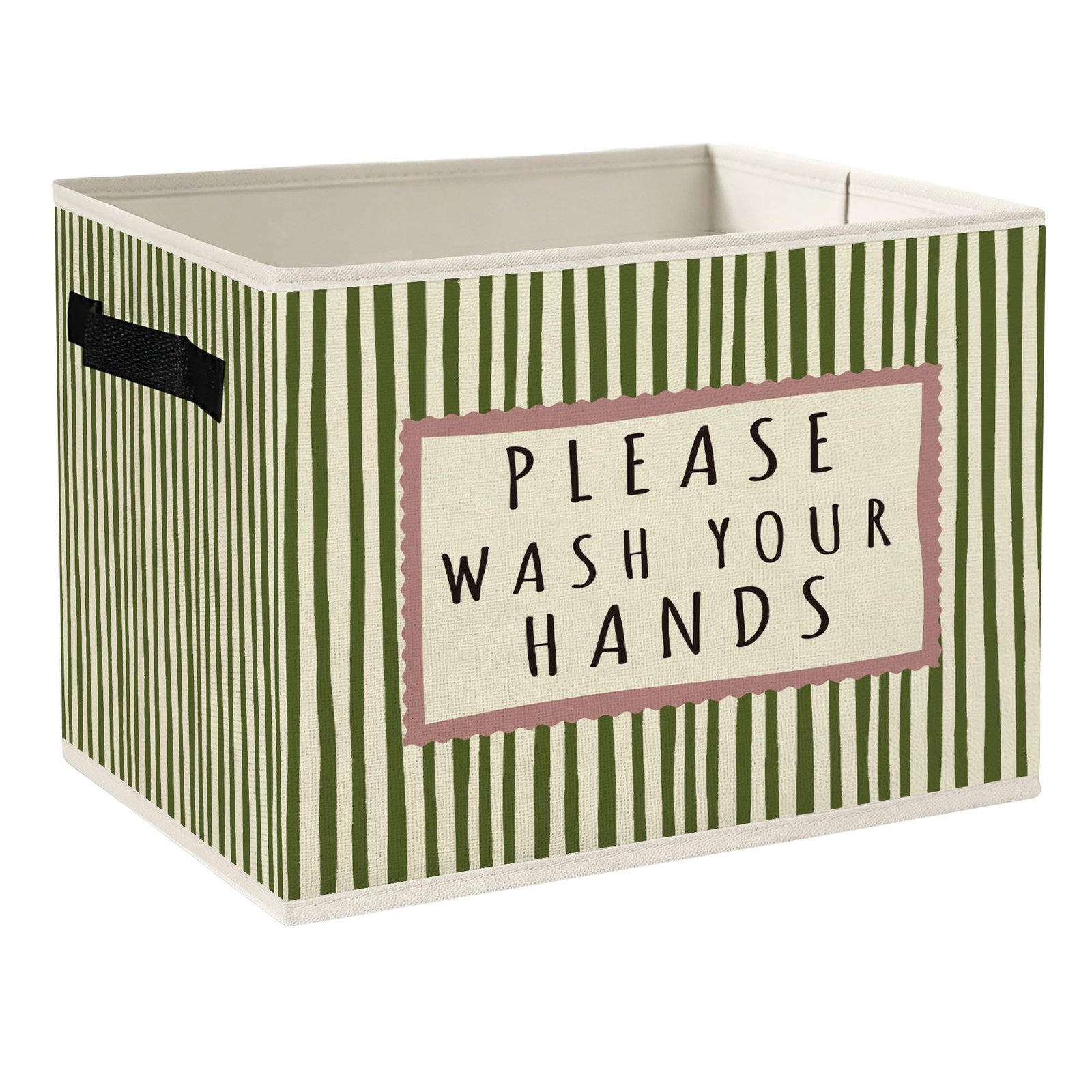 Bathroom Storage Bins with Handles, Please Wash Your Hands Green Striped Fold...