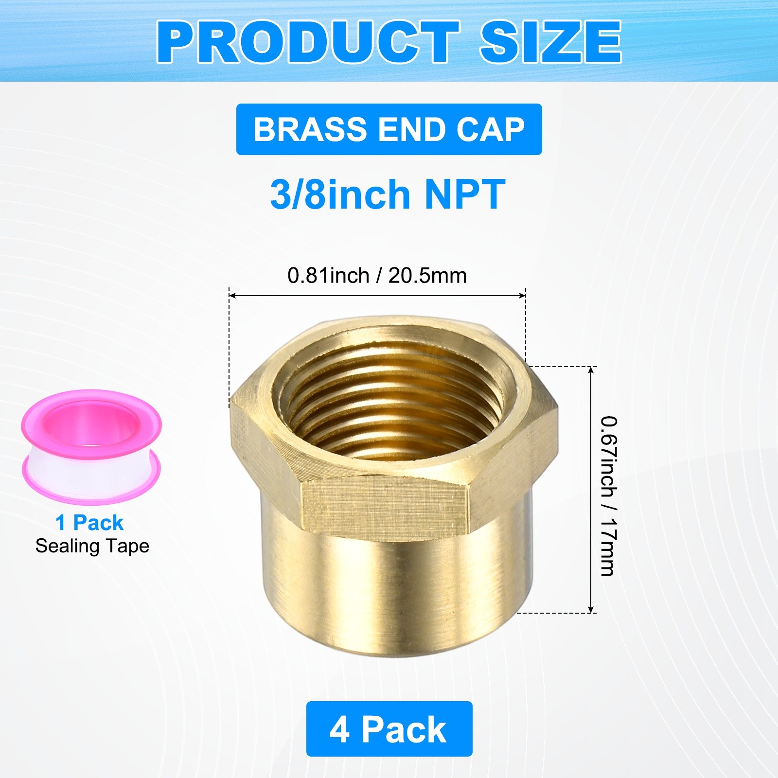 4-Pack Brass Pipe Fitting, 3/8 " NPT Female Thread Hex End Cap with Sealing Tape