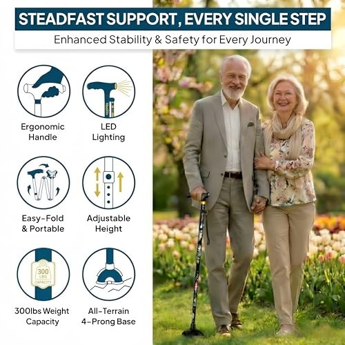 Walking Cane with LED Light, Foldable,Adjustable, Self Standing Black flowers